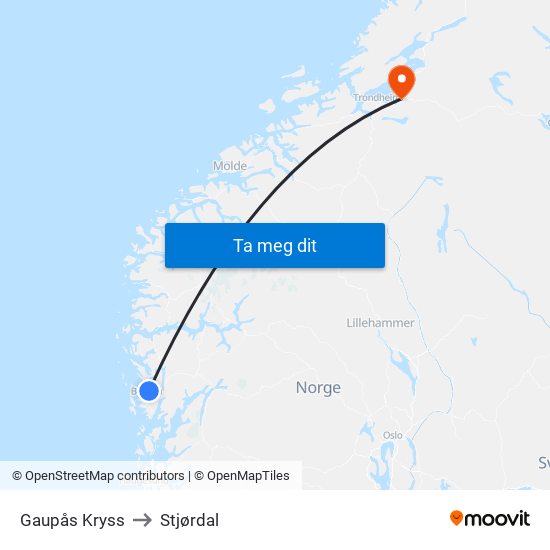 Gaupås Kryss to Stjørdal map