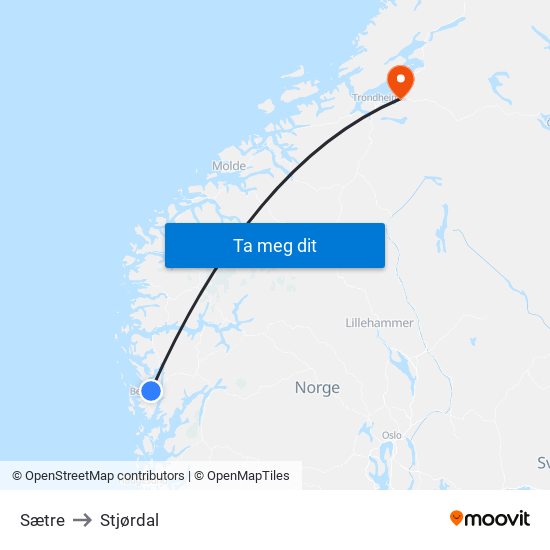 Sætre to Stjørdal map