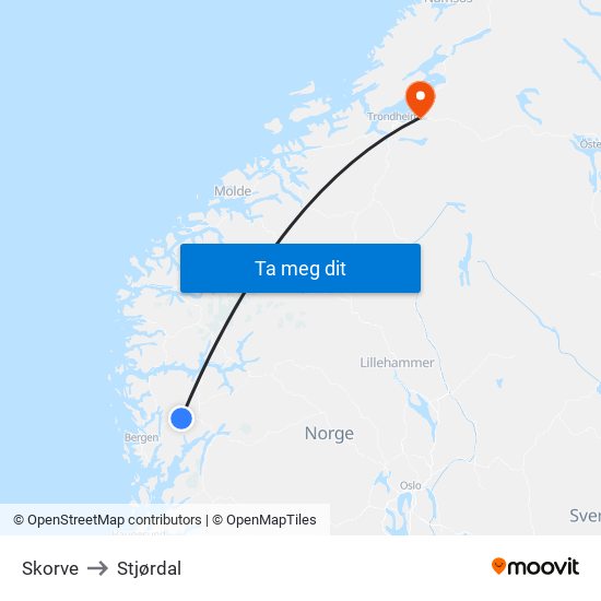 Skorve to Stjørdal map