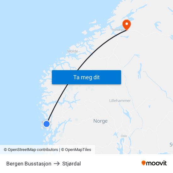 Bergen Busstasjon to Stjørdal map