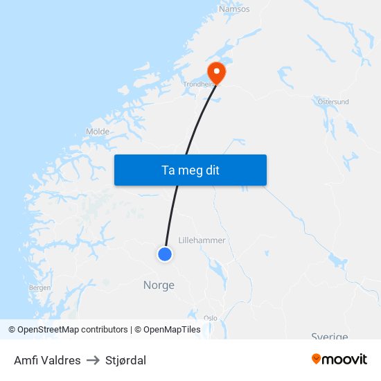 Amfi Valdres to Stjørdal map