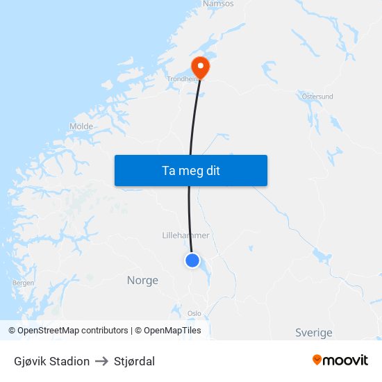 Gjøvik Stadion to Stjørdal map