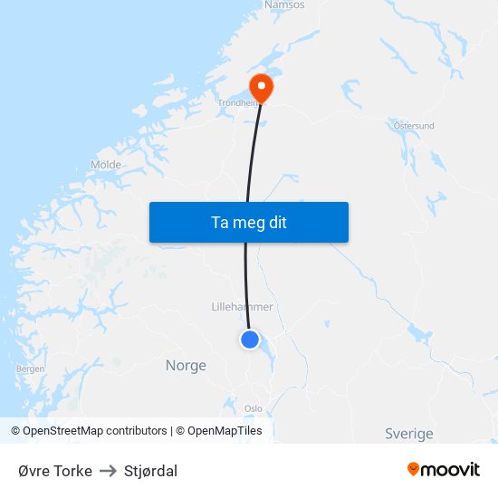Øvre Torke to Stjørdal map