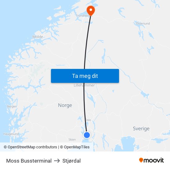 Moss Bussterminal to Stjørdal map