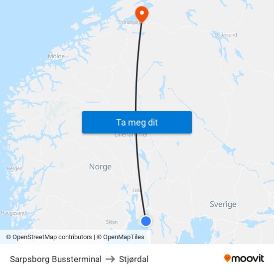 Sarpsborg Bussterminal to Stjørdal map