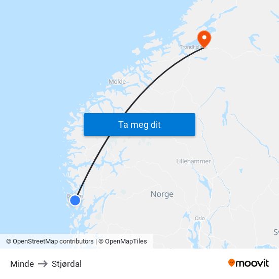 Minde to Stjørdal map