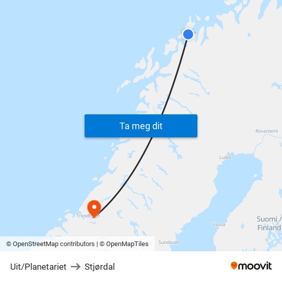 Uit/Planetariet to Stjørdal map