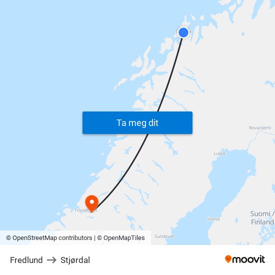 Fredlund to Stjørdal map