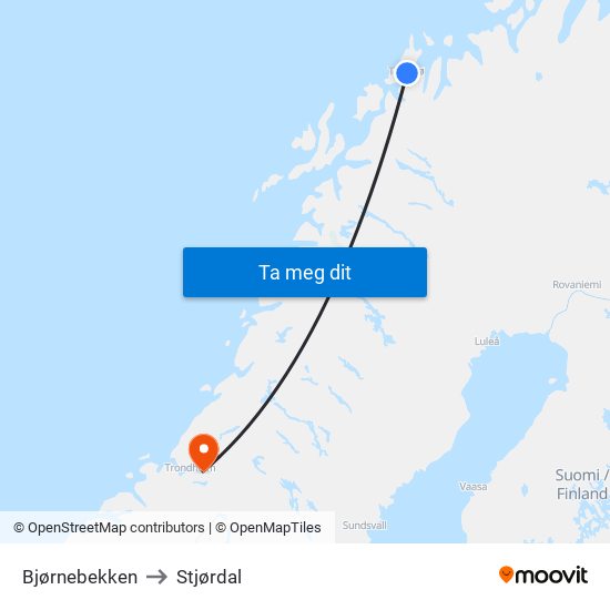 Bjørnebekken to Stjørdal map