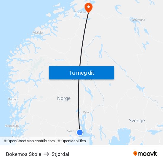 Bokemoa Skole to Stjørdal map