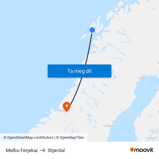 Melbu Ferjekai to Stjørdal map