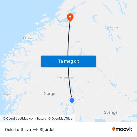 Oslo Lufthavn to Stjørdal map