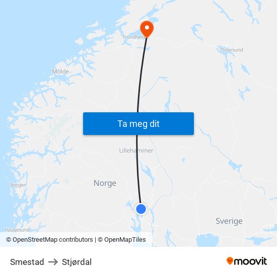 Smestad to Stjørdal map