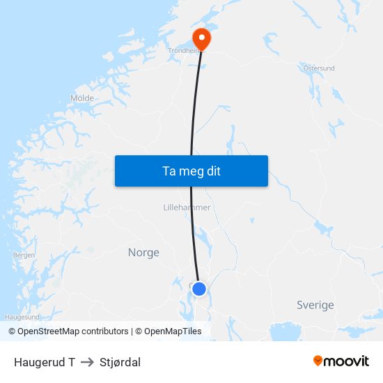 Haugerud T to Stjørdal map
