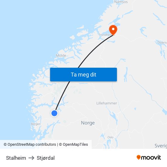 Stalheim to Stjørdal map