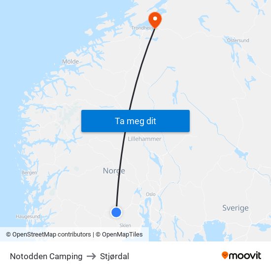 Notodden Camping to Stjørdal map