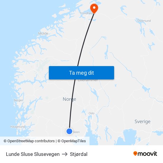 Lunde Sluse Slusevegen to Stjørdal map