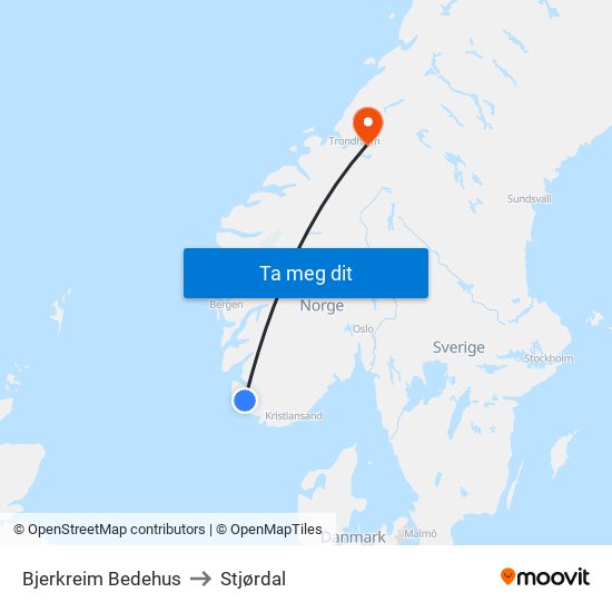 Bjerkreim Bedehus to Stjørdal map