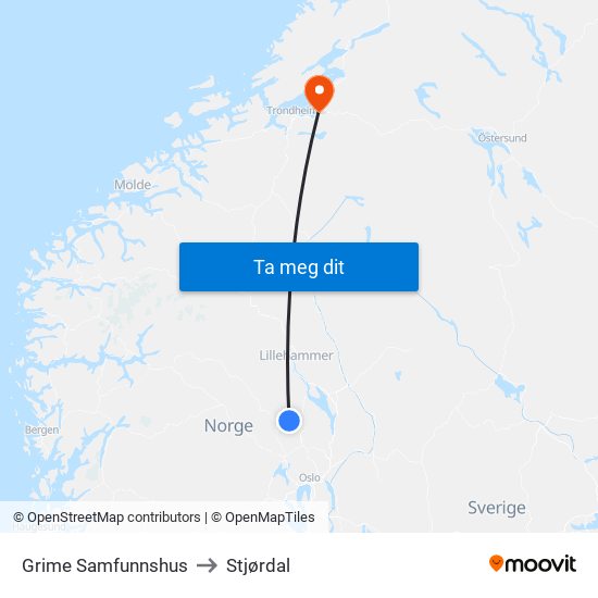 Grime Samfunnshus to Stjørdal map