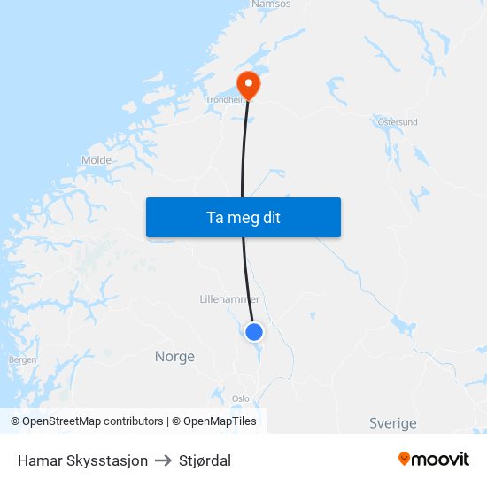 Hamar Skysstasjon to Stjørdal map