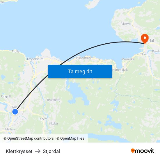 Klettkrysset to Stjørdal map