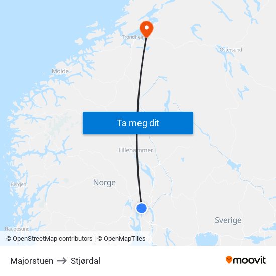 Majorstuen to Stjørdal map
