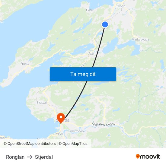 Ronglan to Stjørdal map