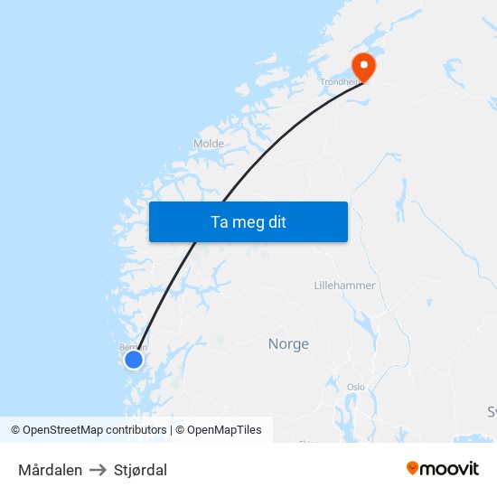 Mårdalen to Stjørdal map