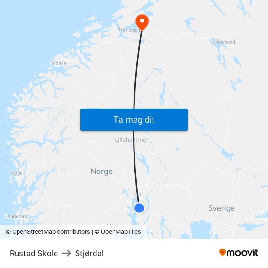 Rustad Skole to Stjørdal map