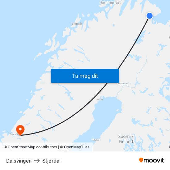 Dalsvingen to Stjørdal map