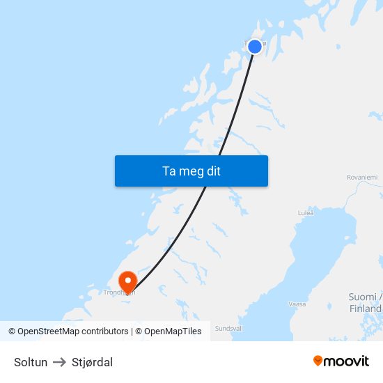 Soltun to Stjørdal map