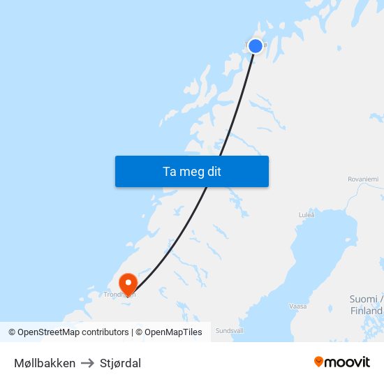 Møllbakken to Stjørdal map