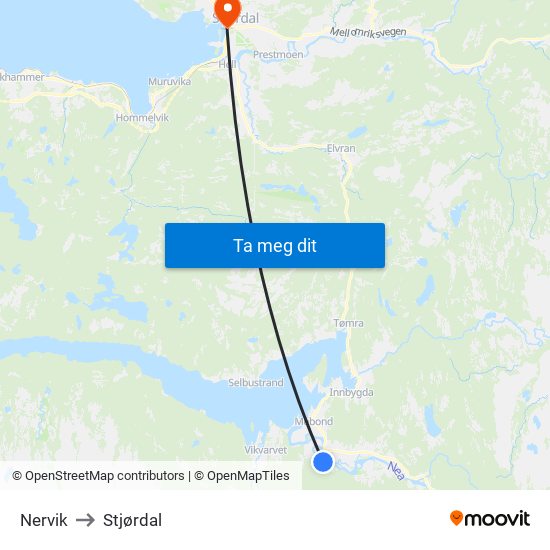 Nervik to Stjørdal map