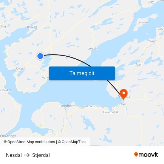 Nesdal to Stjørdal map