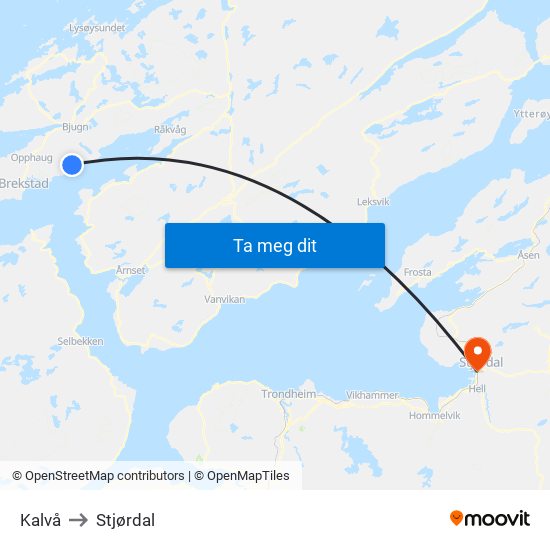 Kalvå to Stjørdal map