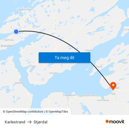 Karlestrand to Stjørdal map