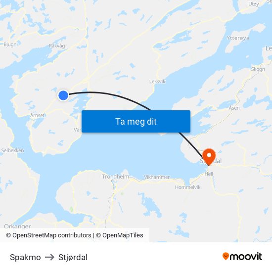 Spakmo to Stjørdal map