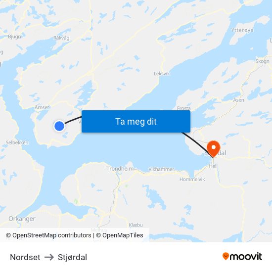 Nordset to Stjørdal map