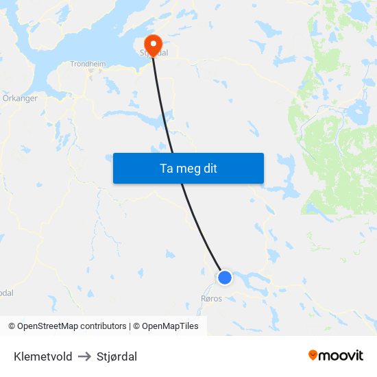Klemetvold to Stjørdal map