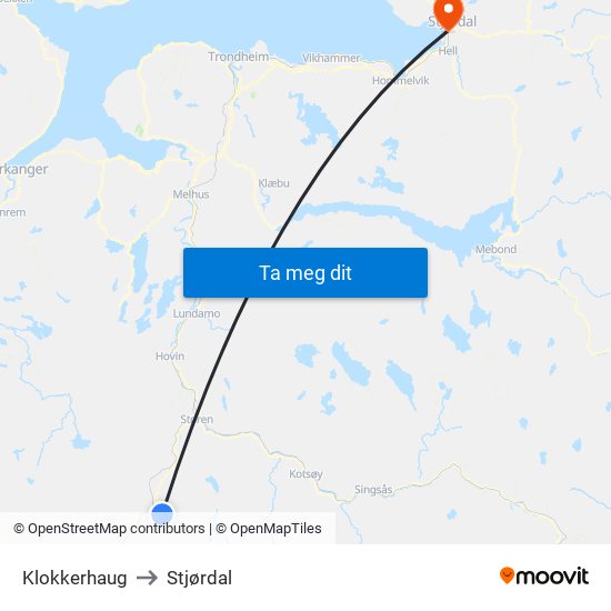 Klokkerhaug to Stjørdal map