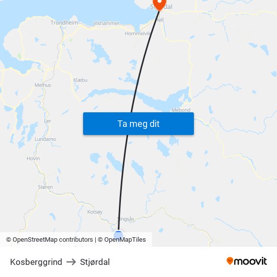 Kosberggrind to Stjørdal map