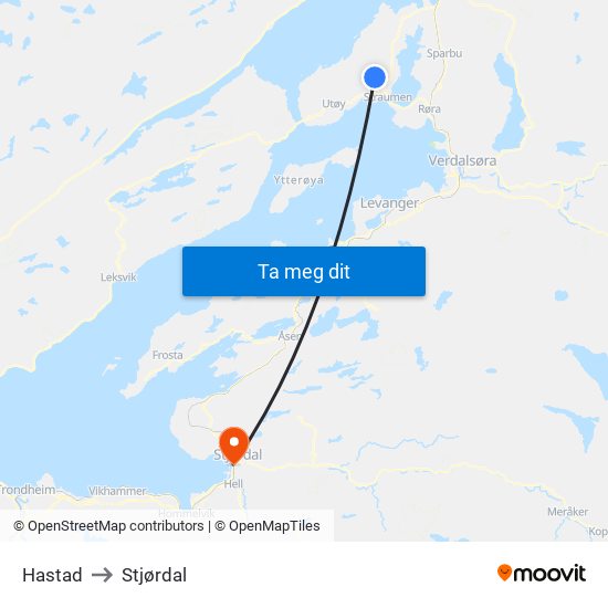 Hastad to Stjørdal map