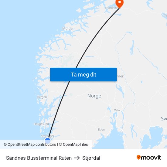 Sandnes Bussterminal Ruten to Stjørdal map