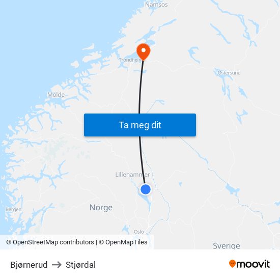 Bjørnerud to Stjørdal map