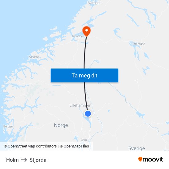 Holm to Stjørdal map