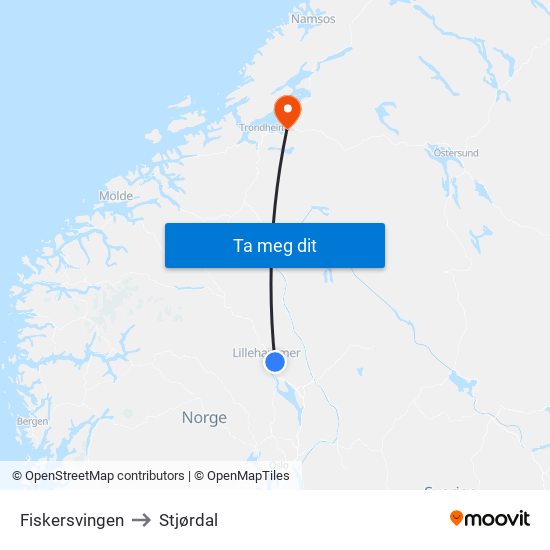 Fiskersvingen to Stjørdal map