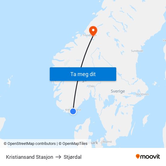 Kristiansand Stasjon to Stjørdal map