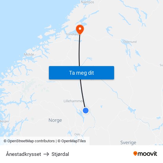 Ånestadkrysset to Stjørdal map