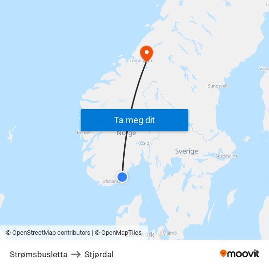 Strømsbusletta to Stjørdal map