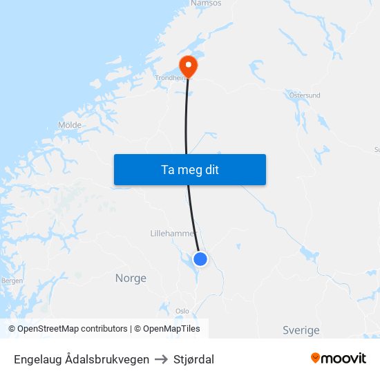 Engelaug Ådalsbrukvegen to Stjørdal map